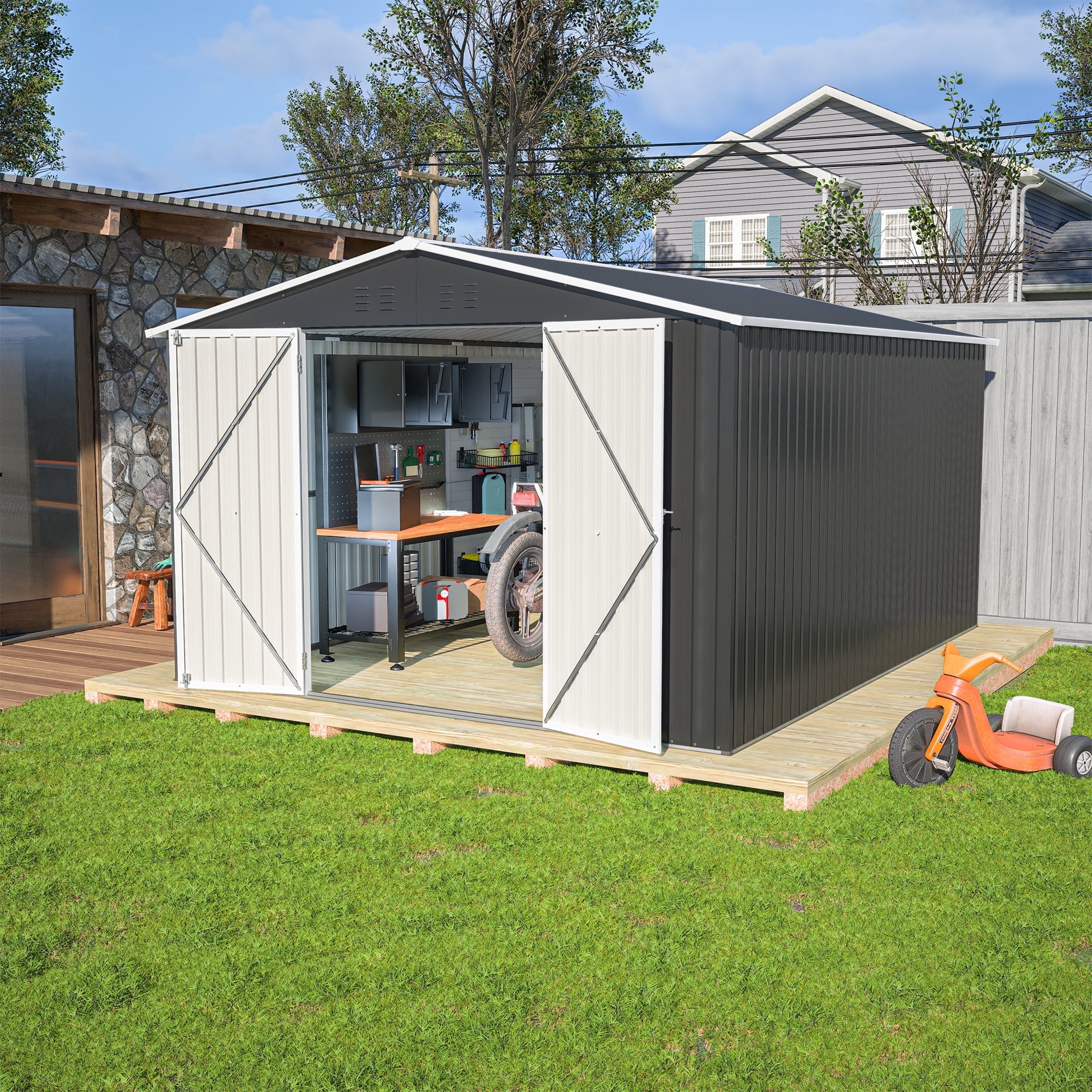 Jaxilyn 10x12 FT Outdoor Storage Shed, Metal Garden Tool Shed with Updated Frame Structure and Lockable Doors, Ideal for Backyard Garden Patio Lawn, Grey