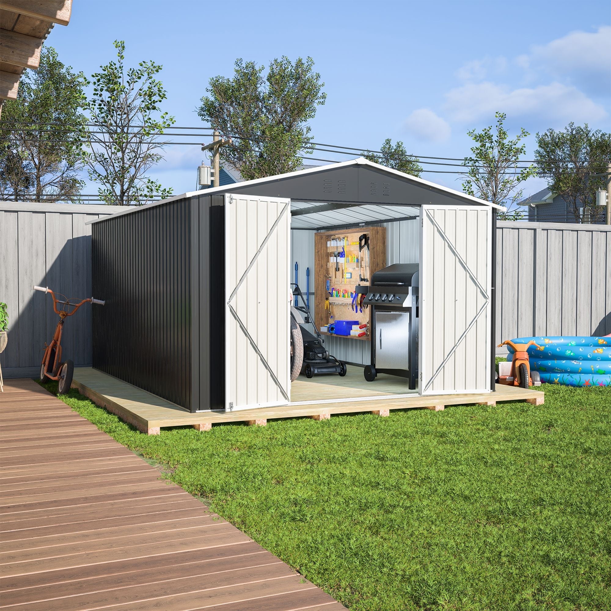 10x12 FT Outdoor Storage Shed, Utility Metal Tool Storage with Lockable Doors and Updated Frame Structure, Large Metal Garden Shed for Backyard, Patio Lawn, Black