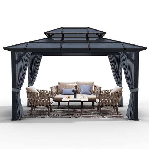 10x12 FT Permanent Aluminum Gazebo with Double-Layer PC Roof, Sturdy Metal Pavilion Canopy, All-Weather Outdoor Sunshade Structure with Retractable Curtains for Patio, Backyard, Garden, Deck