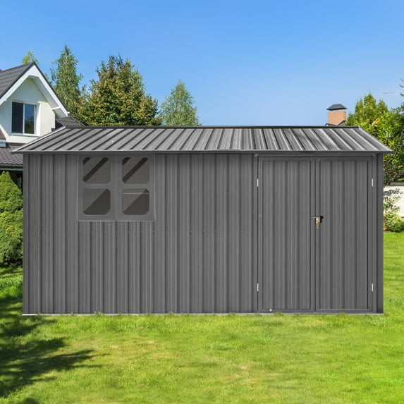 10x12 Ft Metal Outdoor Storage Shed with Window, Vents & Padlock, Waterproof Garden Tool Shed with Built-In Hooks for Backyard, Lawn Equipment Organization, Grey