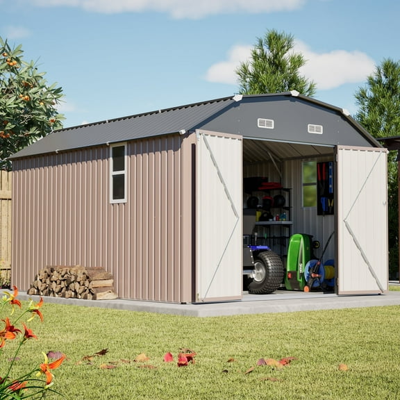10x12 Ft Outdoor Storage Shed with Window & Floor Frame, Galvanized Steel Garden Shed, Metal Tool Sheds with Double Lockable Doors for Backyard Patio Lawn, Brown