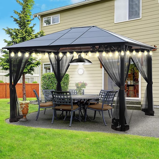 10x12 Hardtop Metal Grill Gazebo with Mosquito Net&Sunshade Curtains ...