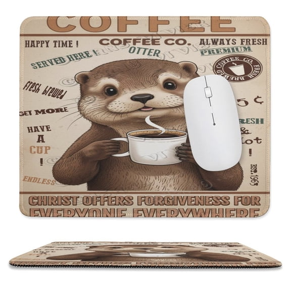 10x12 IN Mouse Pad - Otter With Coffee, Stitched Edge, Perfect for Gaming or Computer, Ideal for Women and Boys on Holidays