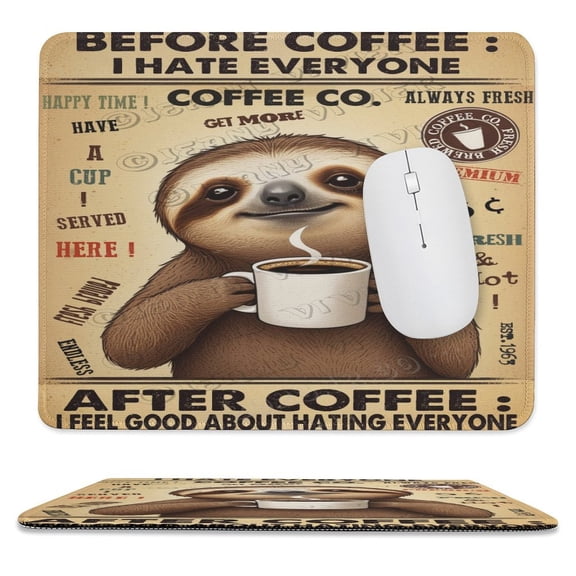 10x12 IN Mouse Pad - Sloth With Coffee, Non-Slip Base, Perfect for Computer, Gaming, or Travel, Ideal for Kids and Girls on Birthdays