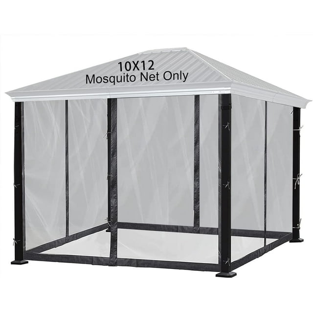 10x12 Mosquito Netting for Gazebo Canopy, Universal Replacement Mosquito Netting 4-Door Zipper Black 4-Panel Sidewall Curtain (Net Only)