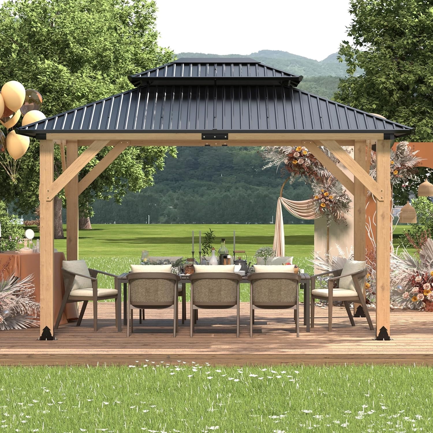 10x12 Outdoor Wooden Gazebo - Outdoor Patio Gazebo with Galvanized Steel Double Roof, Heavy-Duty Spruce Wood Gazebo for Garden, Lawn, Poolside, Backyard Deck