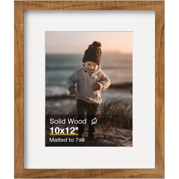 10x12 Picture Frame Teak, Solid Wood Frames with Acrylic Plexiglass for Pictures 7x9 with Mat or 10x12 without Mat, Tabletop and Wall Display Photo Frame, Set of 1