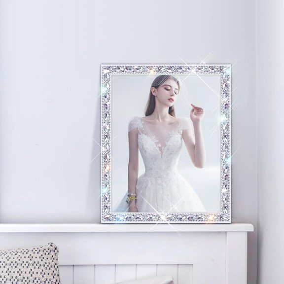 10x12 Solid Wood Bling Picture Frame for Hanging Wall Decor,Display Pictures 7x9 with Mat or 10x12 Without Mat,Design Glitter Sparkle Glass Diamond Rhinestones Lace Photo Frame (White)