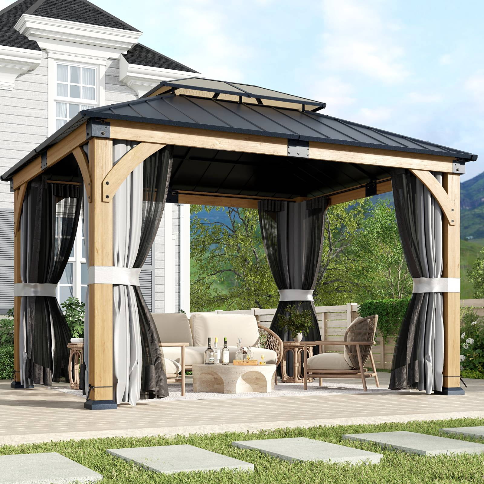 10x12 ft Cedar Wood Gazebo with Mosquito Netting & Hardtop Steel Roof