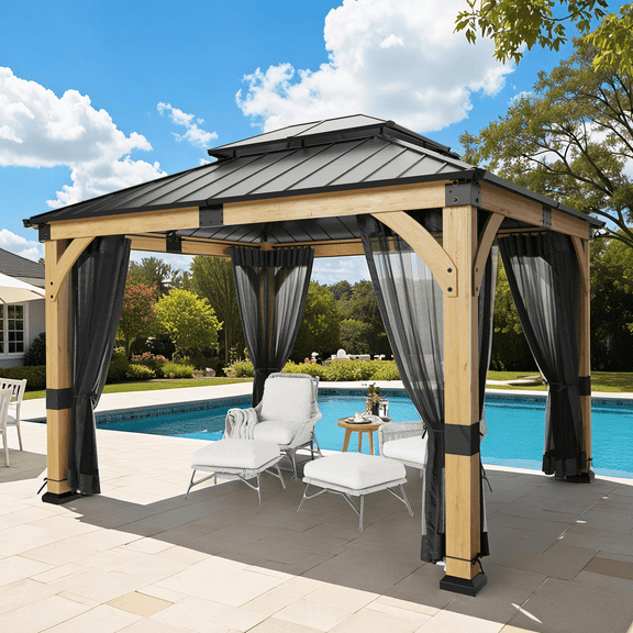 10x12 ft Cedar Wood Gazebo with Mosquito Netting & Hardtop Steel Roof
