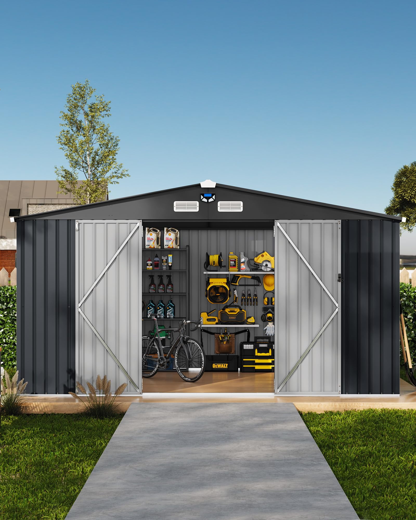 10x12 ft Outdoor Storage Shed, Metal Garden Tool Shed with Updated Frame Structure, Lockable Doors and Windows, Ideal for Backyard Garden Patio Lawn , Dark Gray
