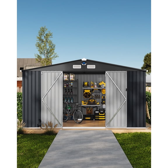 10x12 ft Outdoor Storage Shed, Metal Garden Tool Shed with Updated Frame Structure, Lockable Doors and Windows, Ideal for Backyard Garden Patio Lawn , Dark Gray
