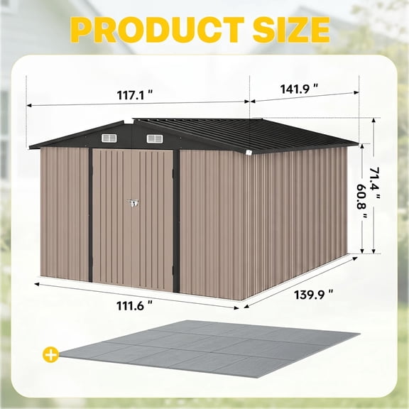10x12 ft Outdoor Storage Shed with floor, Steel Utility Tool Shed Storage House With Door & Lock, Metal Sheds Storage Garden Shed For Backyard Garden Patio Lawn, Brown