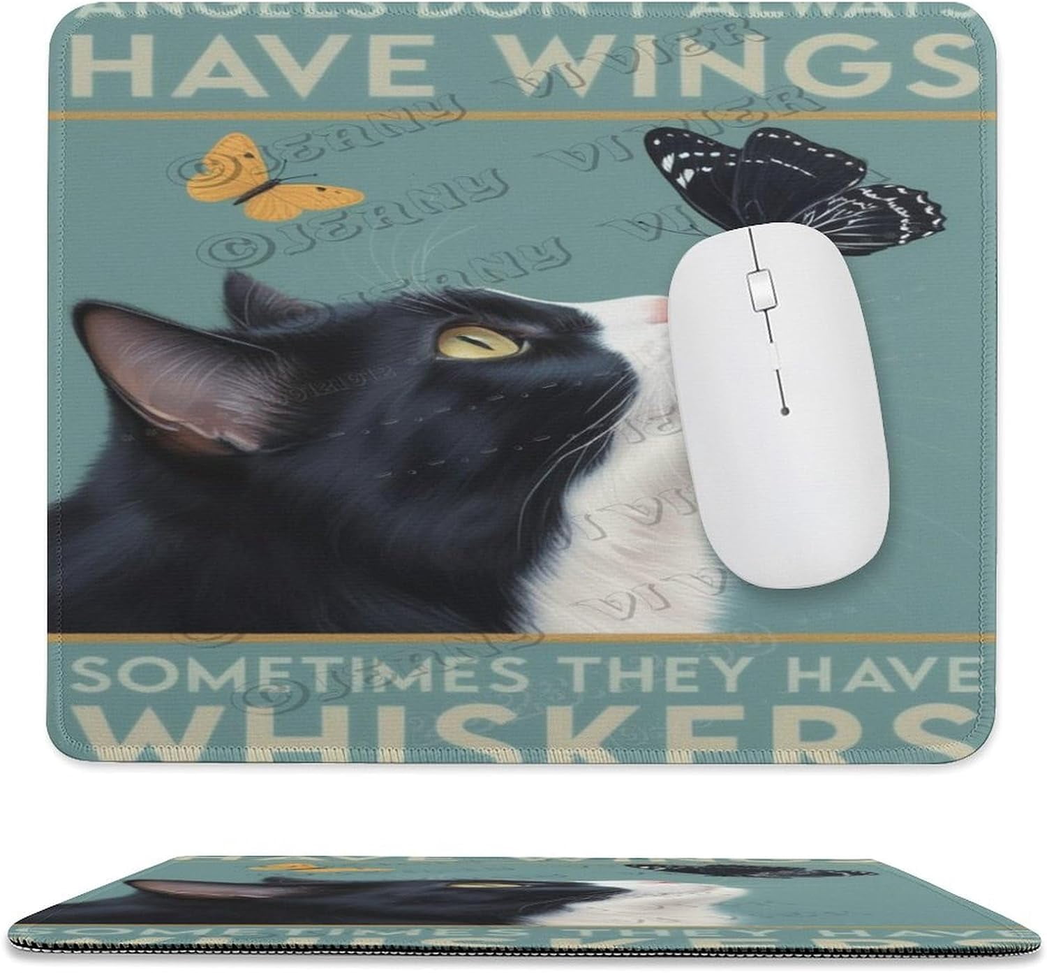 10x12 in Mouse Pad - Charming Tuxedo Cat with Butterfly, Stitched Edge ...