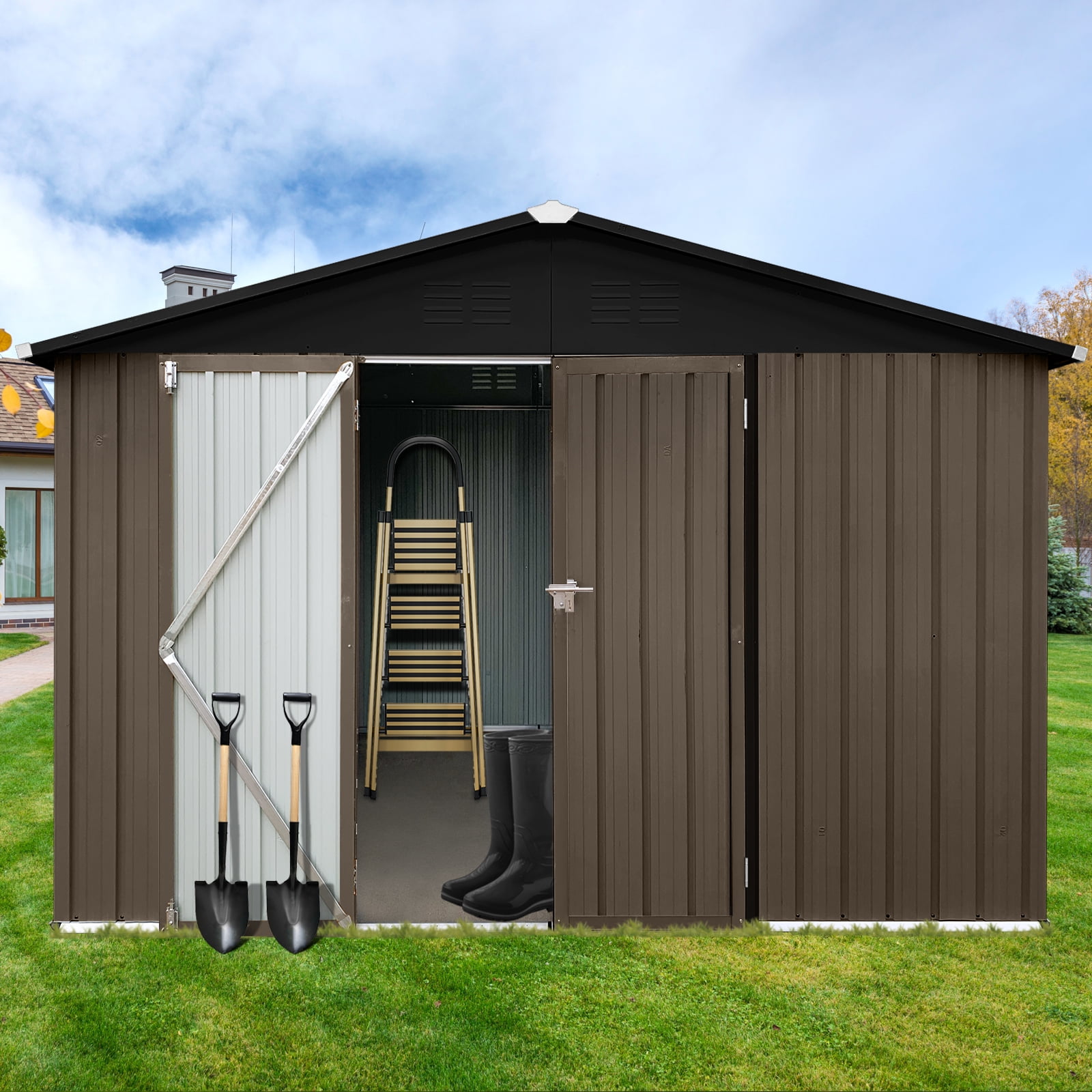 10x12FT Outdoor Metal Storage Shed Tool Bike Generator Weatherproof with Shutter Vents Floor for Garden Patio Backyard, Brown Black