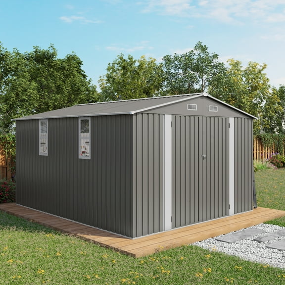 10x12FT Outdoor Storage Shed Large Metal Garden Shed with Double Door Two Window Waterproof Tool Shed for Backyard Patio Lawn Poolside ,Grey