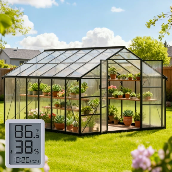 10x12FT Walk-in Greenhouse | Reinforced Aluminum Frame | UV-Resistant Polycarbonate Panels | Thermometer Hygrometer | All-Weather Garden Greenhouse | WUKHG