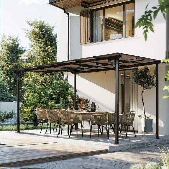 10x12Ft Outdoor Pergola Gazebo with Roof, Wall-Mounted Metal Awning Gazebo, Tilted Design, Large Heavy Duty Gazebo for Patio, Decks, Backyard