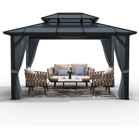 10x12ft Gazebo, Hardtop Outdoor Canopy Aluminum Frame Permanent Gazebo with Netting and Curtains, Polycarbonate Garden Tent for Patio, Lawn, Backyard, Deck