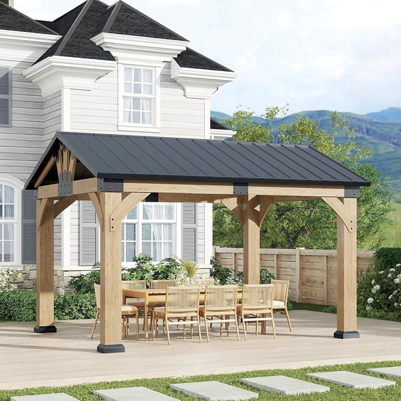 GOHONEI 12x20 ft Wood Gazebo with Galvanized Steel Roof, Heavy Duty Pavilion for Patio Lawn and Garden
