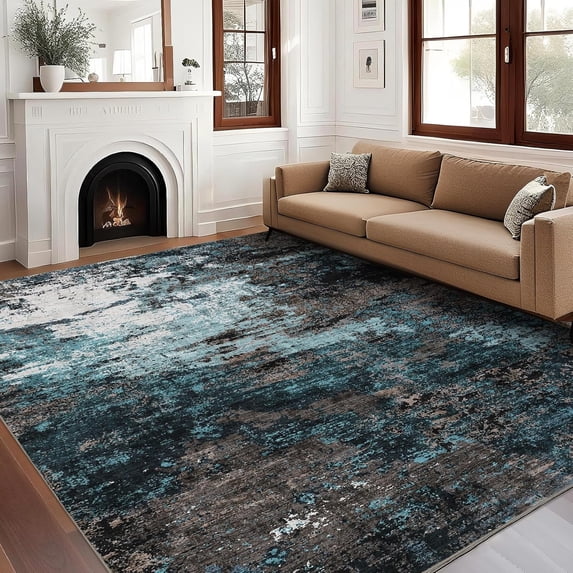 10x13 Abstract Art-Inspired Thin Indoor Rug, Distressed Oil Painting Pattern Low Pile Area Mat with Soft Surface, Easy to Clean & Stain Resistant for Living Room, Bedroom, Entryway, Study - Blue
