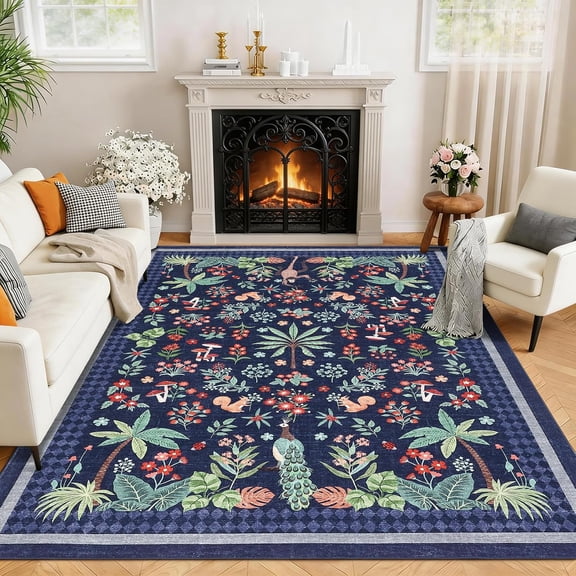 10x13 Area Rug for Living Room Washable Non Slip Low Pile Animal Print Tropical Peacock Monkey Blue