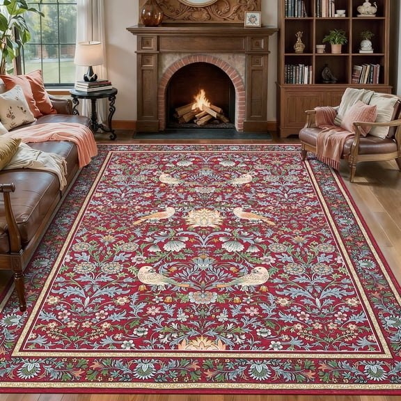 10x13 Area Rugs for Living Room Floral Washable Rug Boho Rustic Vintage Botanical Large Soft Carpet Stain Resistant Bird Print Non Slip Floor Carpet for Bedroom Nursery Farmhouse,Red