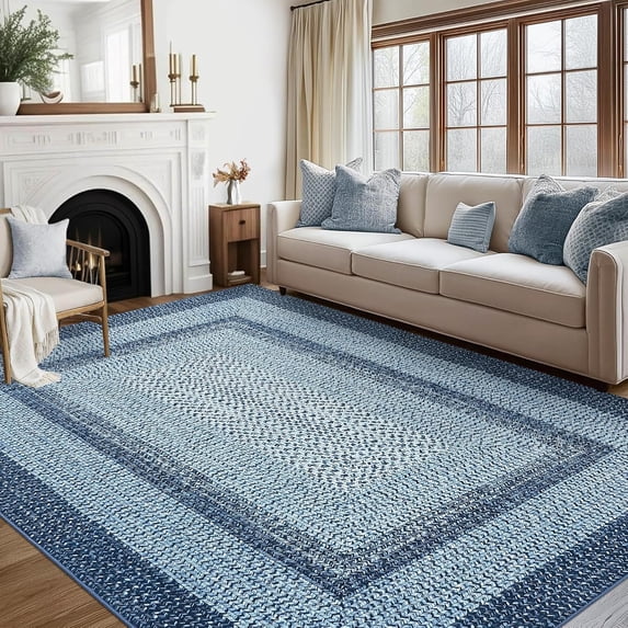 10x13 Blue Boho Braided Print Area Rug, Machine Washable, Non-Slip, Low Pile
