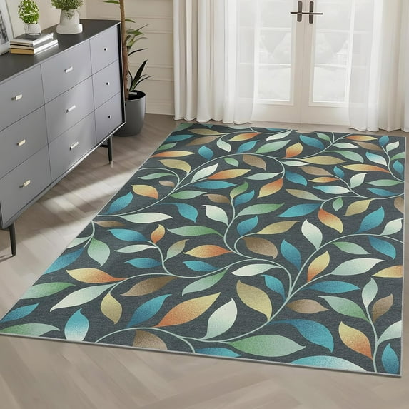 10x13 Botanical Area Rug Clearance Washable Leaves Pattern Soft Low Pile Foldable Non-Slip Non-Shedding Floral Accent Indoor Carpet Blue