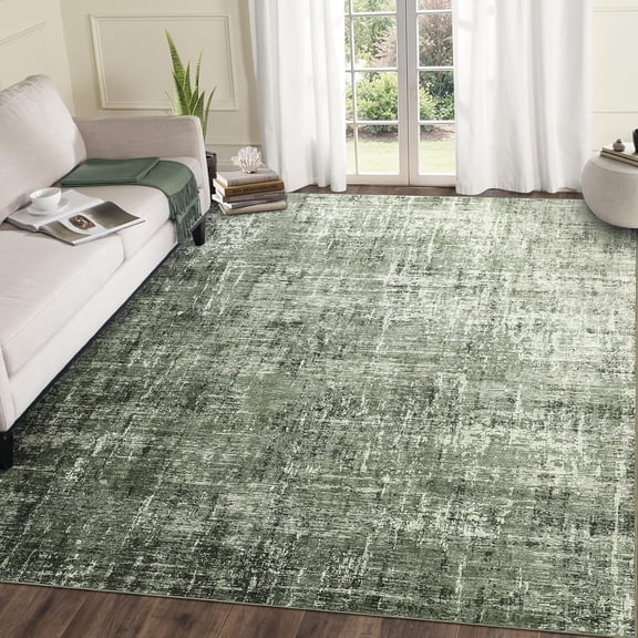 10x13 Extra Large Area Rug, Machine Washable Non Slip Carpet for Living Room, Soft Faux Wool Low Pile, Modern Abstract Neutral Floor Mat, Stain Resistant Pet Friendly Easy Clean, Grey Green