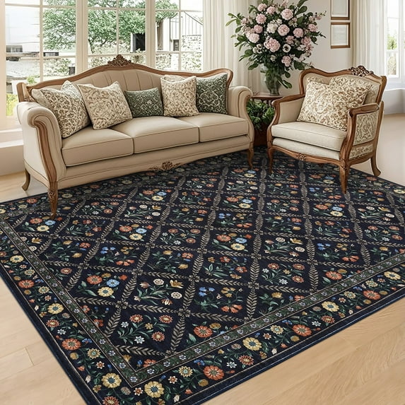 10x13 Floral Print Area Rugs Bordered Rug, Machine Washable Rug Modern Striped Low Pile Rug Carpet with Non-Slip Backing, Stain-Resistant Farmhouse Rugs for Living Room Bedroom Home Office, Blue