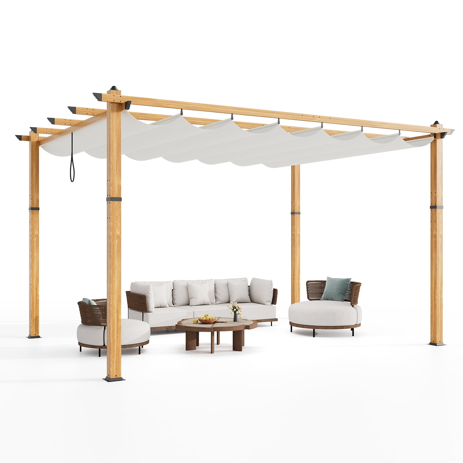 10x13 Ft Aluminum Pergola,Outdoor Metal Gazebo with Adjustable Canopy,Reinforced Frame Outdoor Shelter for Backyard,Patio Lawn and Deck - Wood grain beige
