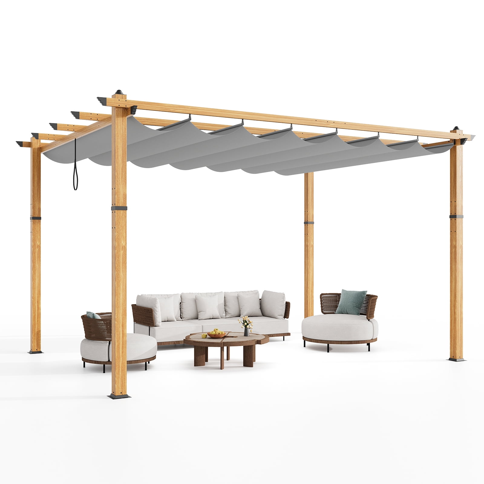 10x13 Ft Aluminum Pergola,Outdoor Metal Gazebo with Adjustable Canopy,Reinforced Frame Outdoor Shelter for Backyard,Patio Lawn and Deck - Wood grain gray