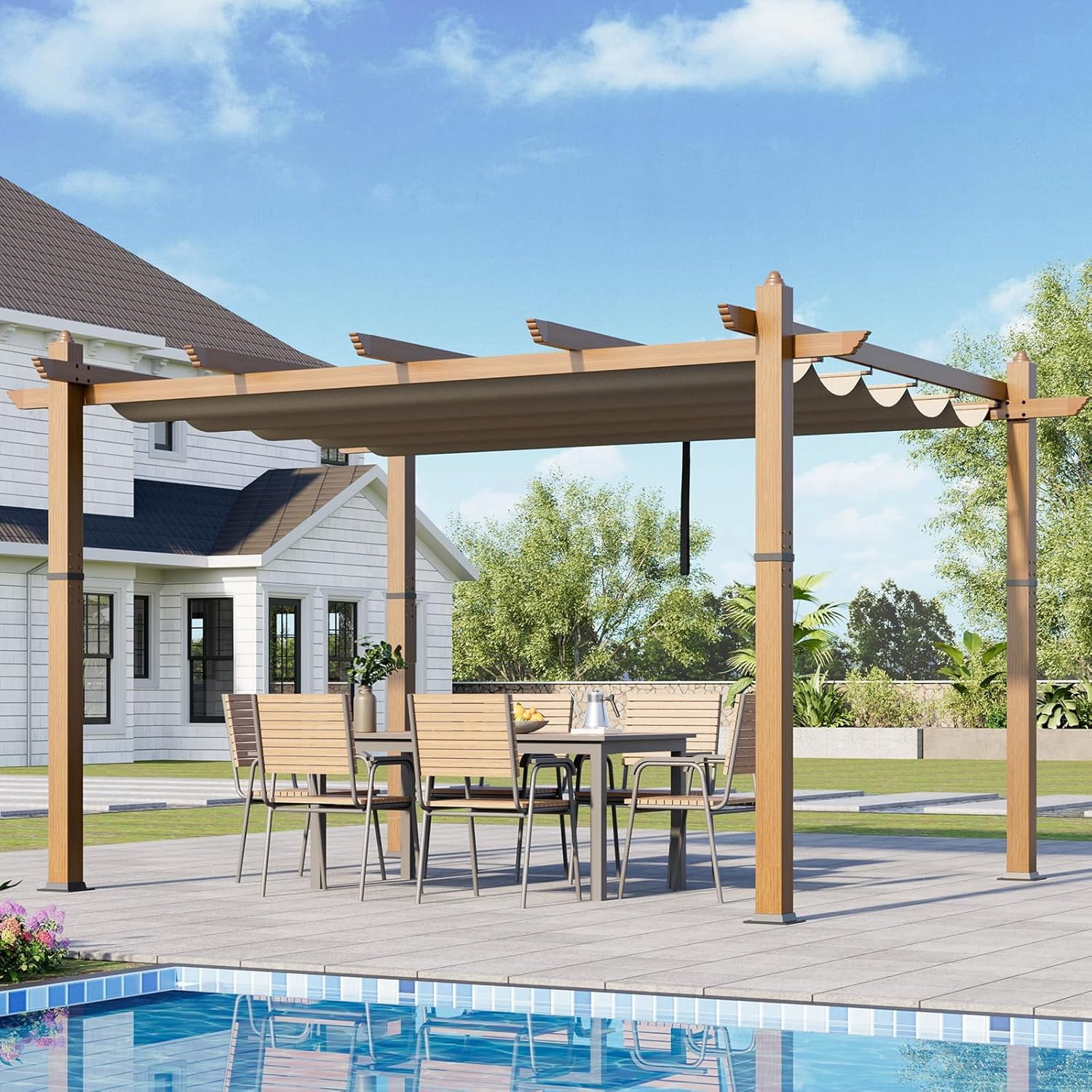 10x13 Ft Aluminum Pergola,Outdoor Metal Gazebo with Adjustable Canopy,Reinforced Frame Outdoor Shelter for Backyard,Patio Lawn and Deck - Wood grain khaki