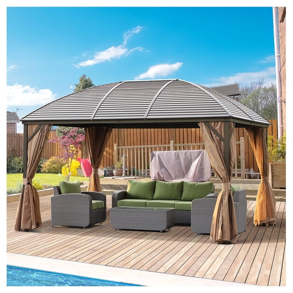 10x13 Hardtop Gazebo with Curtains & Netting - Steel Roof Patio Pavilion - Brown