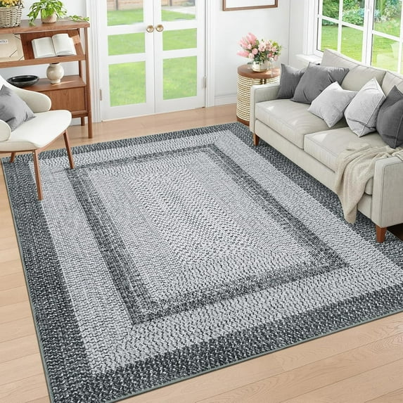 10x13 Large Living Room Rug Braided Print Rug Boho Accent Throw Carpet Farmhouse Rustic Dining Room Carpet Non Slip Geometric Bordered Bohemian Carpet for Bedroom Home Decor Office, Grey