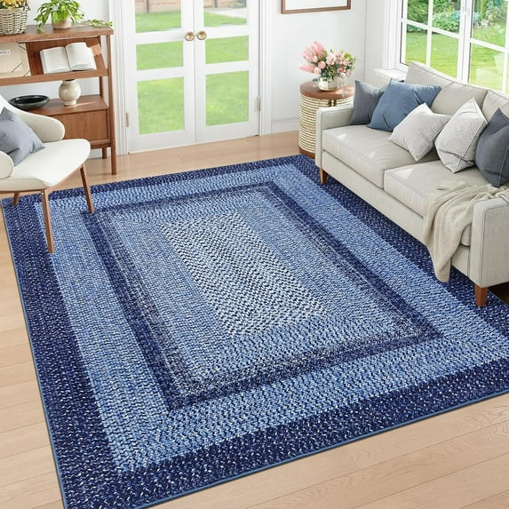10x13 Large Living Room Rug Braided Print Rug Boho Throw Carpet Farmhouse Rustic Dining Room Carpet Non Slip Geometric Bordered Area Rug Bohemian Carpet for Bedroom Home Decor Office, Navy