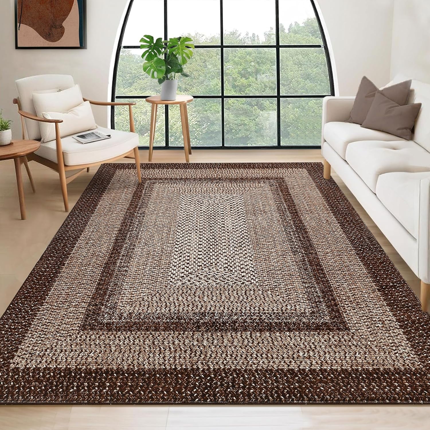 10x13 Large Living Room Rug Braided Print Rug Boho Throw Carpet Farmhouse Rustic Dining Room Carpet Non Slip Geometric Bordered Area Rug Bohemian Carpet for Bedroom Home Decor Office, Brown