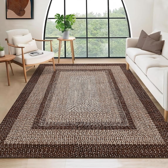 10x13 Large Living Room Rug Braided Print Rug Boho Throw Carpet Farmhouse Rustic Dining Room Carpet Non Slip Geometric Bordered Area Rug Bohemian Carpet for Bedroom Home Decor Office, Brown