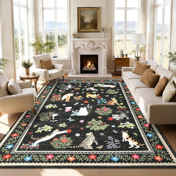10x13 Large Vintage Rug for Living Room Washable Area Rugs for Kids Room, Non Slip Non Shedding Floral Boho Rug Stain Resistant Low Pile Foldable Mats for Bedroom, Dining Room, Nursery, Black