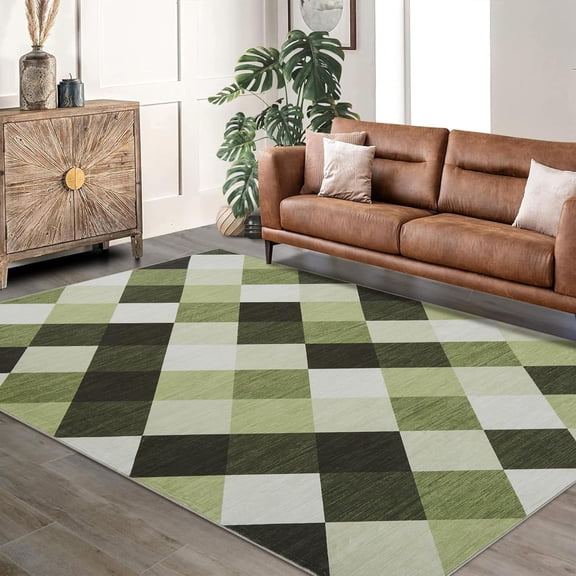 10x13 Plaid Checkered Runner Rug Machine Washable Non-Slip Backing Hallway Kitchen Green White