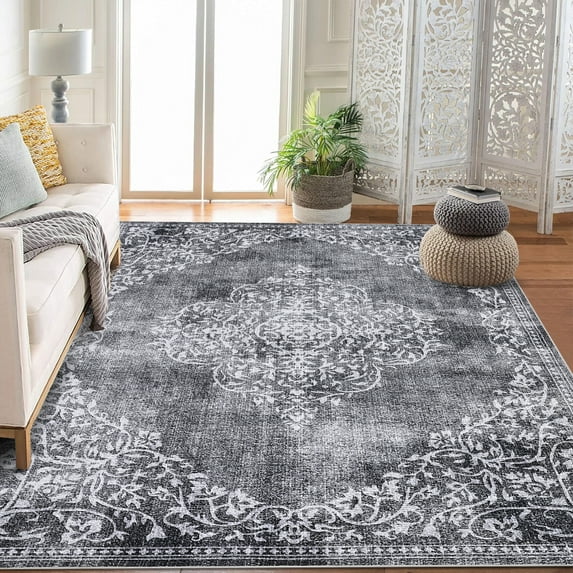 10x13 Vintage Area Rug Washable Living Room Carpet Non Slip Bedroom Indoor Office Low Pile Traditional Distressed Retro Accent Rug Grey