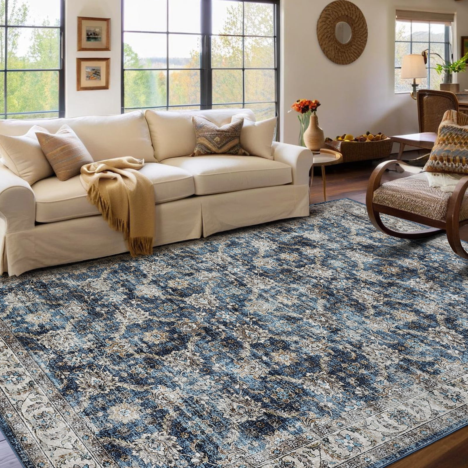 Reinforced Backing Rug 10x13 Vintage Floral Geometric Area Rug, Washable Thin Carpet, Stain ...