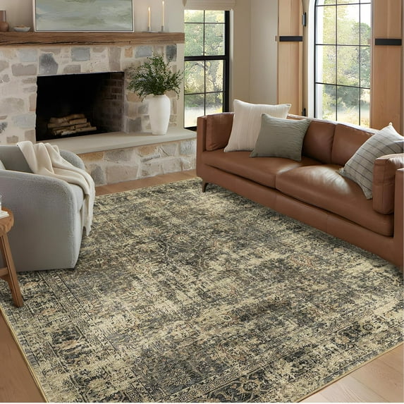 10x13 Washable Area Rug Large Vintage Distressed Non-Slip Soft Backing Stain-Resistant Low Pile Living Room Dining Room Home Decor Green