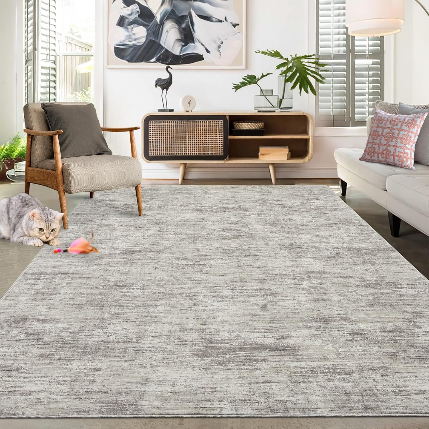 10x13 Washable Non-Slip Modern Abstract Area Rug, Stain Resistant, Large Contemporary Accent Floor Carpet, Foldable, Taupe.