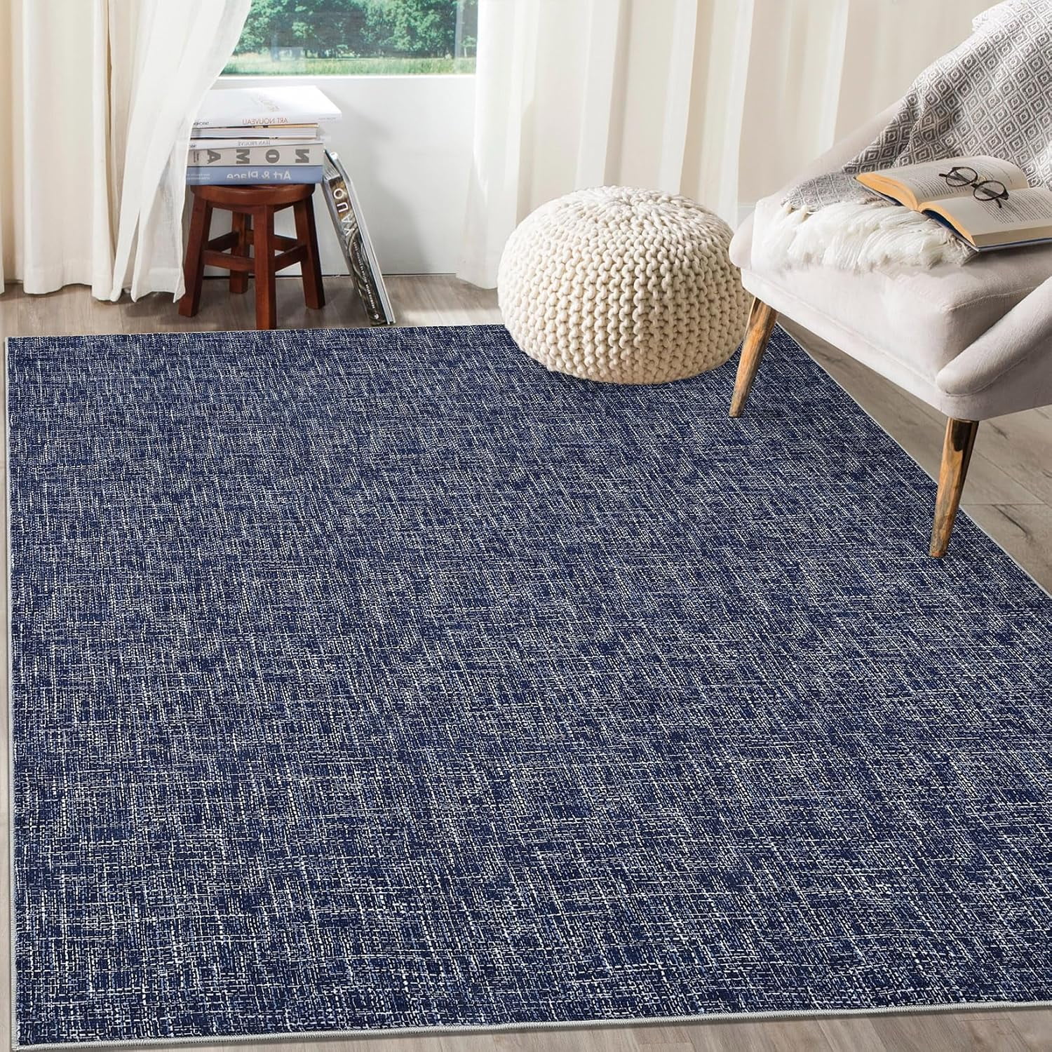 10x13 Washable Rug, Modern Abstract, Non-Slip, Large, Stain Resistant, Contemporary Rug, Aesthetic Accent, Floor Carpet, Foldable, Solid, Blue.
