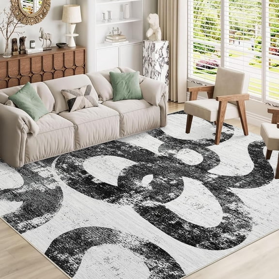 10x13 Washable Rug Non Slip Non Shedding Rug Modern Abstract Snake Pattern Indoor Carpet Contemporary Low Pile Floor Cover for Bedroom Living Room Dining Room, Black White/ 10'× 13'