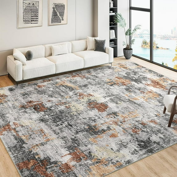 10x13 Washable Rug for Living Room, Soft Abstract Non-Slip Bedroom Rug, Ultra-Thin Stain-Resistant Vintage Large Area Rug (Grey/Rust, 10'x13').