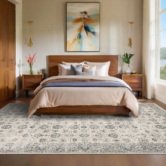 10x13 Washable Vintage Area Rug - Farmhouse Style, Non-Slip & Non-Shedding Soft Carpet for Dining Room, Kids Playroom & Indoor, Beige