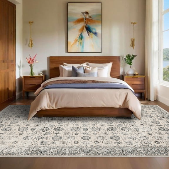 10x13 Washable Vintage Area Rug - Farmhouse Style, Non-Slip & Non-Shedding Soft Carpet for Dining Room, Kids Playroom & Indoor, Beige